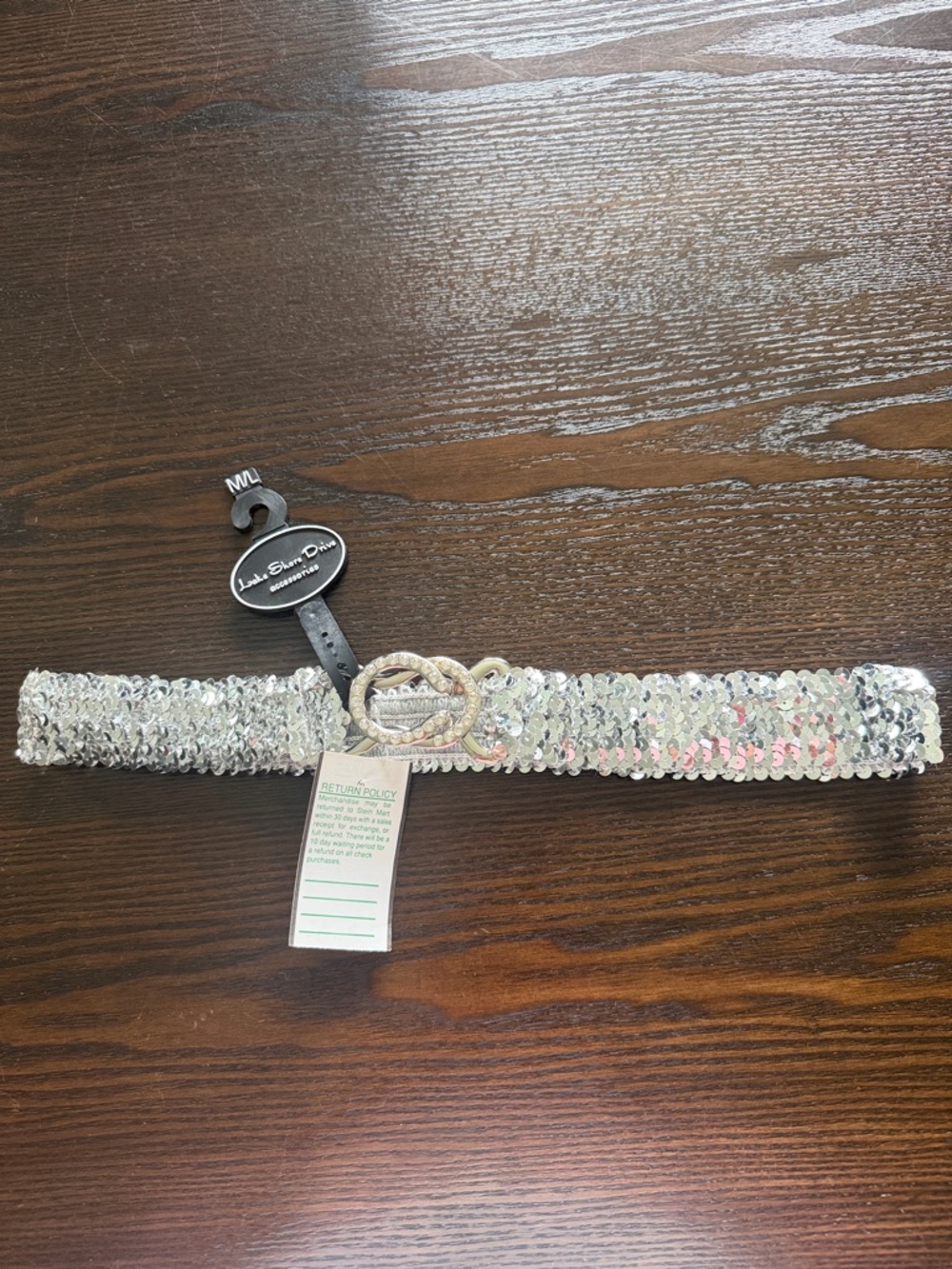 Laurel Silver Sequin Stretch Belt with Decorative Interlocking Buckle
